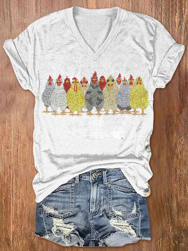 Comstylish Poor Chicken Embroidery Pattern Short Sleeve V Neck Tee