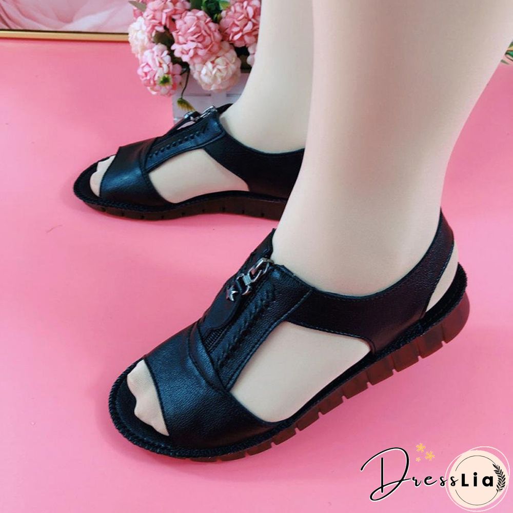Women Sandals Zipper Flat Soft Pu Leather Sole Comfy Sandalias Summer Casual Mother Shoes Solid Color Plus Size Chaussure Femme