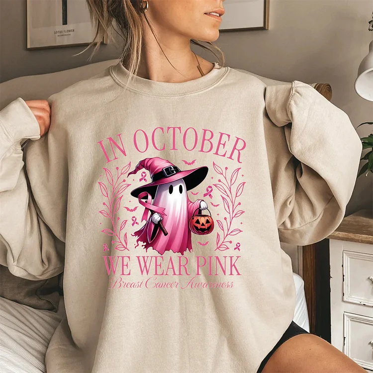 In October We Wear Pink Sweatshirt, Halloween Ghost Breast Cancer Awareness V-neck, Sweatshirt, Hoodie