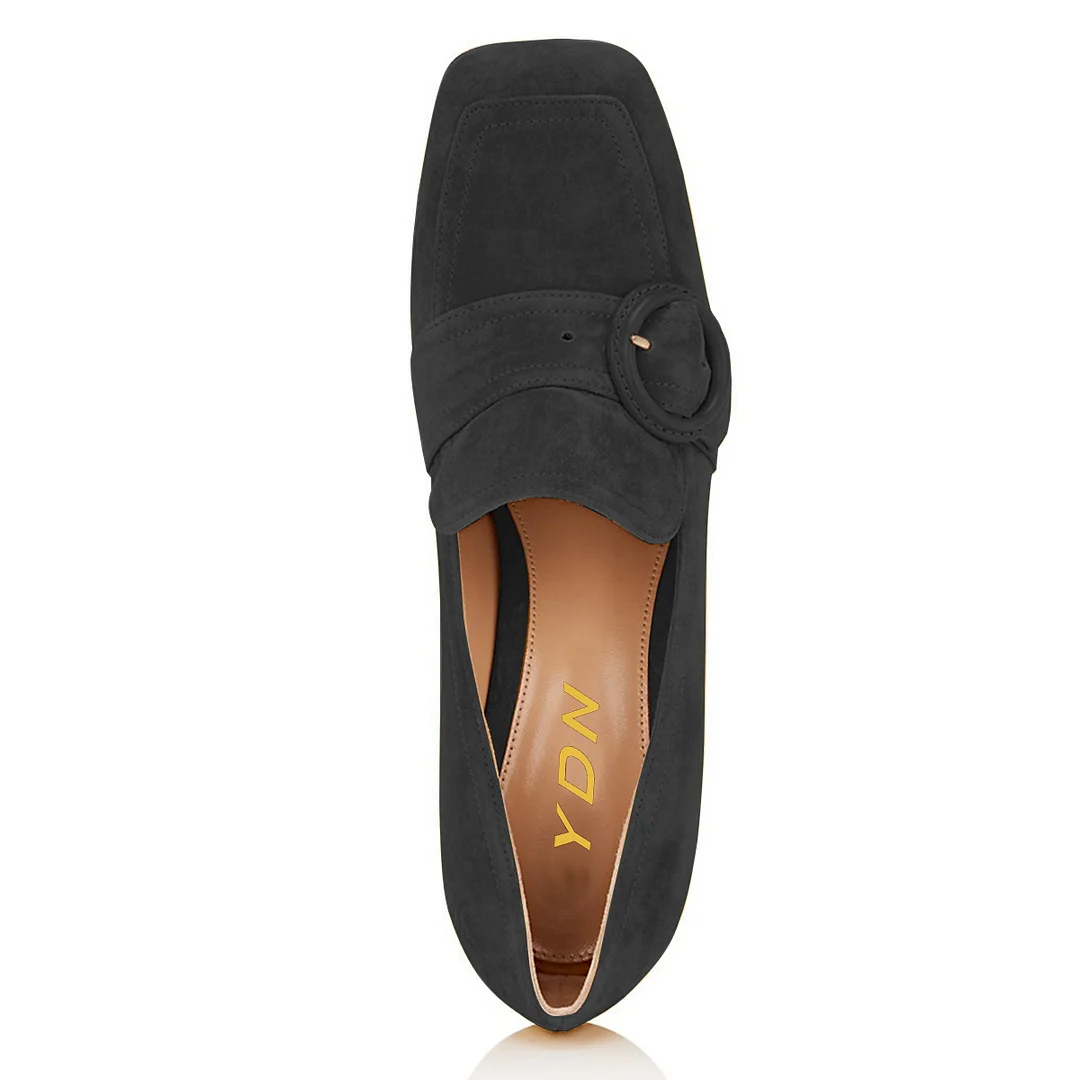 Black Faux Suede Buckle Inlay Elegant Loafers with Chunky Heels