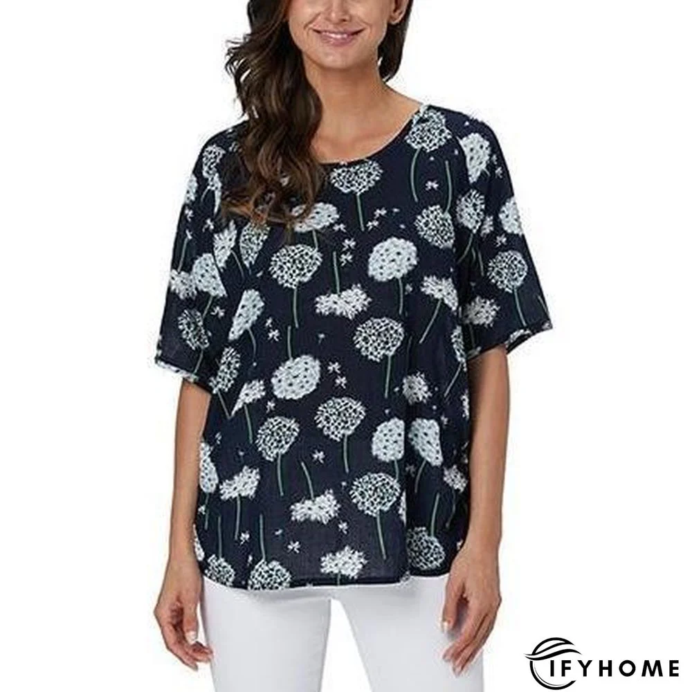 Women's Plus Size Short Sleeve Tops Floral Print Casual 100% Cotton Blouses | IFYHOME