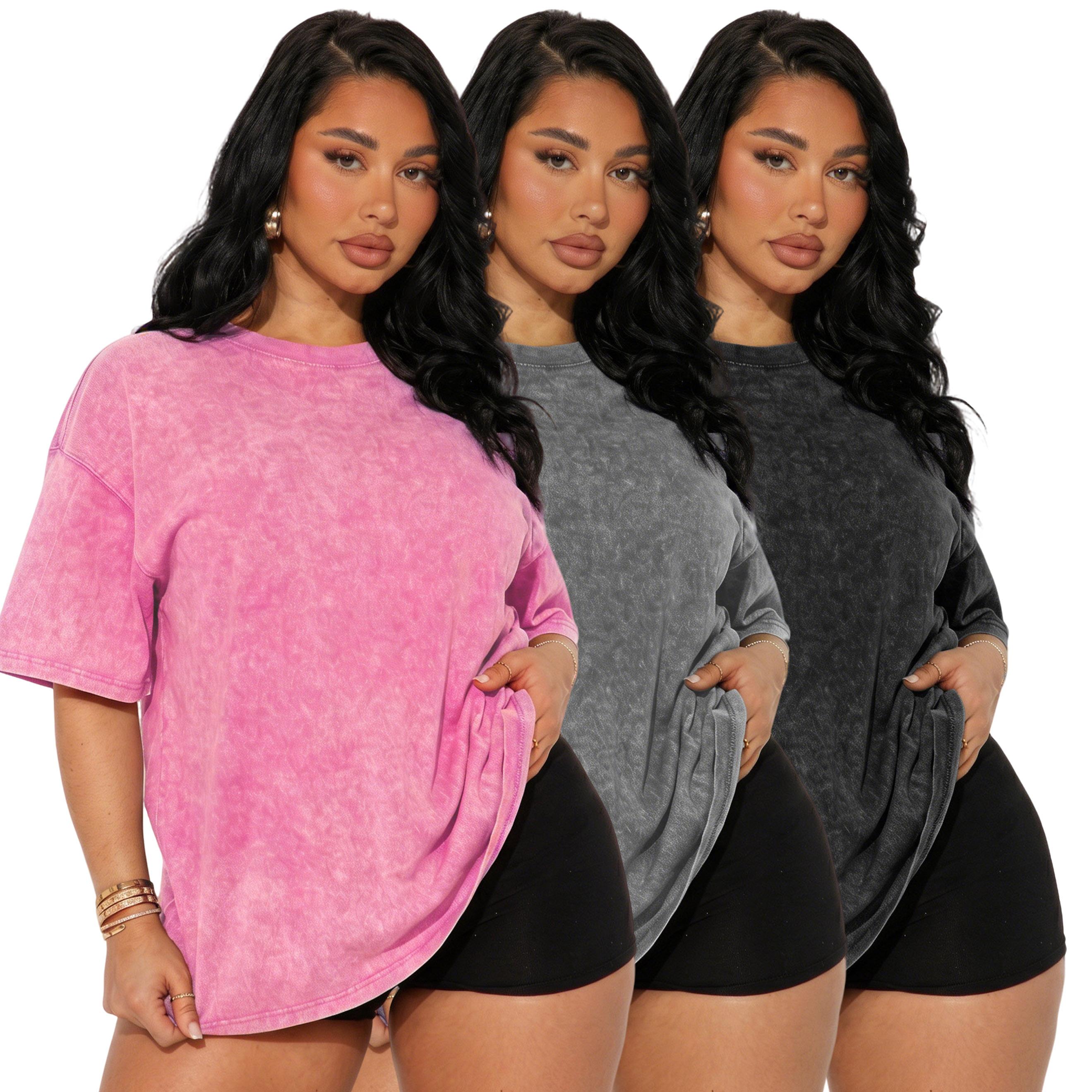 Women’s 3-pack American vintage distressed short-sleeve T-shirts, casual versatile crew neck minimalist solid color tops, suitable for home wear and everyday outings. Women’s 3-pack American vintage distressed short-sleeve T-shirts, casual versatile crew neck minimalist solid color tops, suitable for home wear and everyday outings.