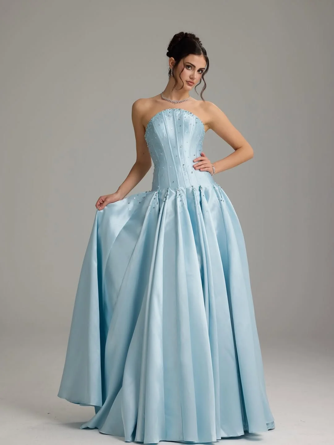 Lussooy Graceful Sky Blue Straight Across Sleeveless Beaded Evening Dress