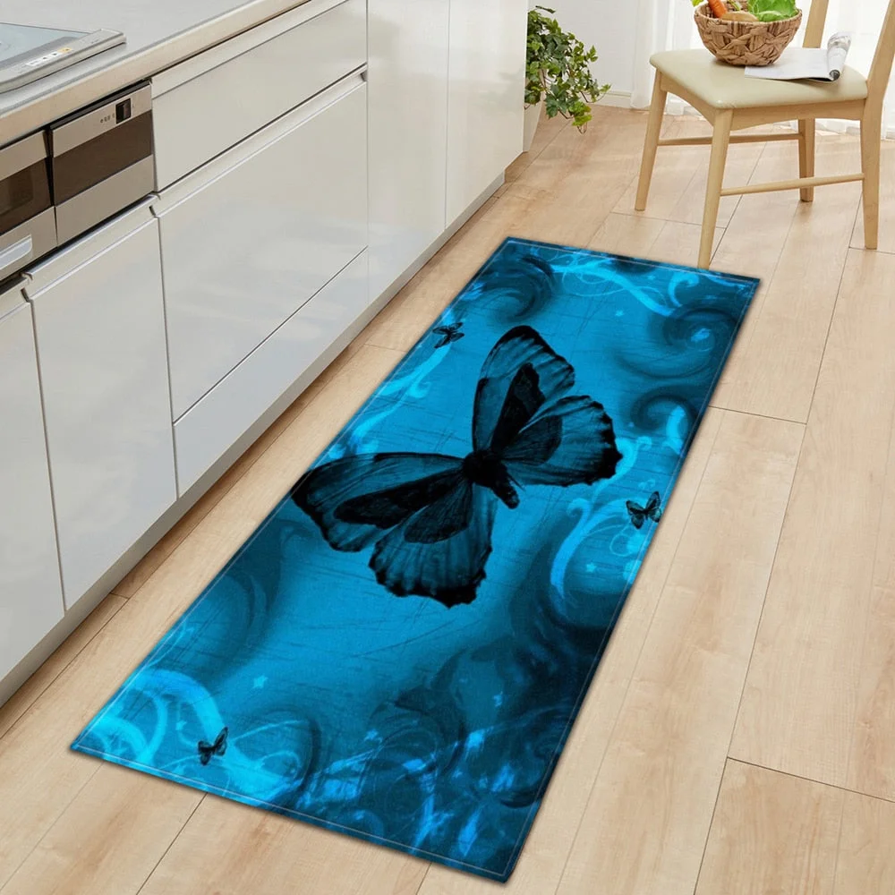 Butterfly Printed Kitchen Mat Hallway Long Carpet Bedroom Doormat Bedside Floor Mat Home Non-slip Water Absorption Bathroom Rugs