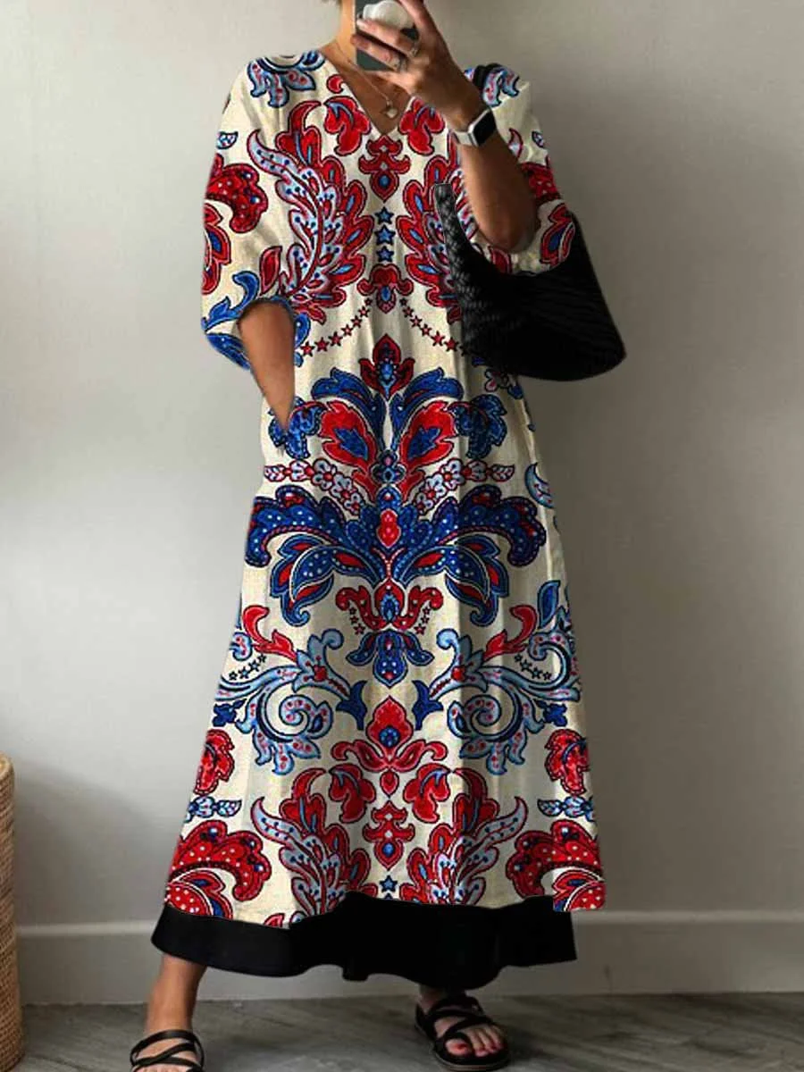 Women's Vintage Lovely Floral Art Print Pocket V-neck Cotton Dress