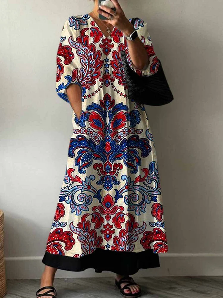 Women's Vintage Lovely Floral Art Print Pocket V-neck Cotton Dress