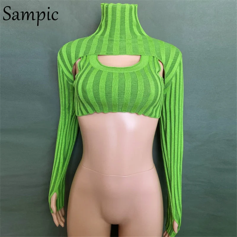 Sampic Fashion Turtleneck Knitted Winter Pullover Crop Sweater Women Tops 2021 Sexy Y2K Striped Long Sleeve Hollow Out Sweater