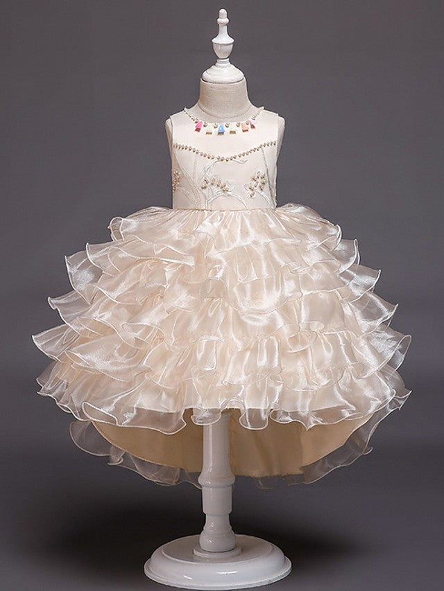 Satin Tulle Ball Gown Flower Girl Dress with V Neck and Sash Ribbon Crystals main image 1