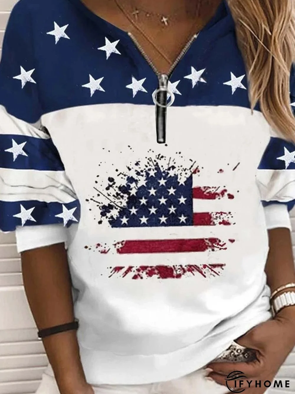 Casual Hippie Stars Zipper Flag Printed Round Neck Sweatshirt | IFYHOME