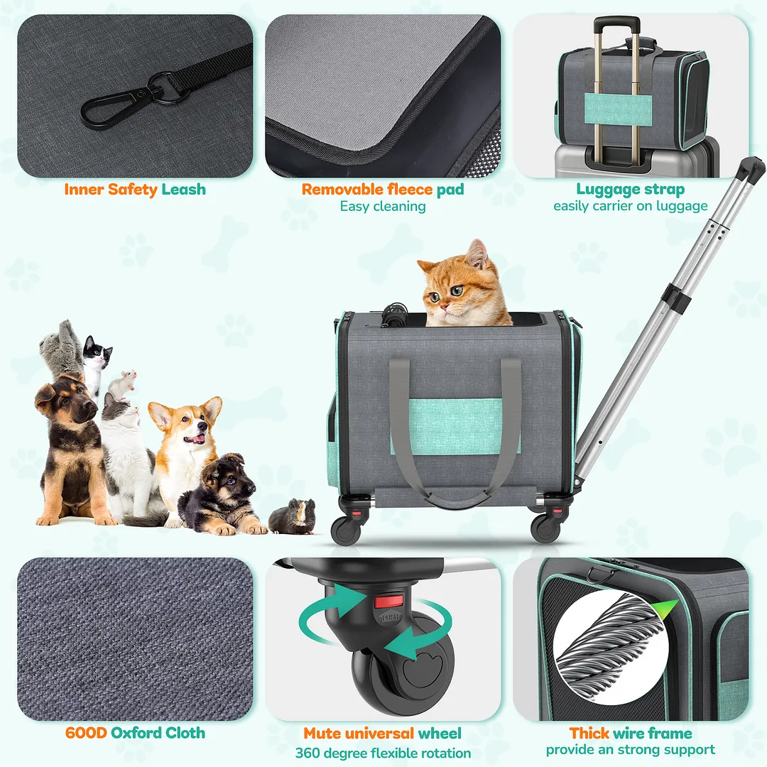 Cat Carrier with Wheels Airline Approved, Expandable Rolling Dog Carrier for Small Dog Under 25lbs, Cat Soft Carrier Pet Travel Bag TSA