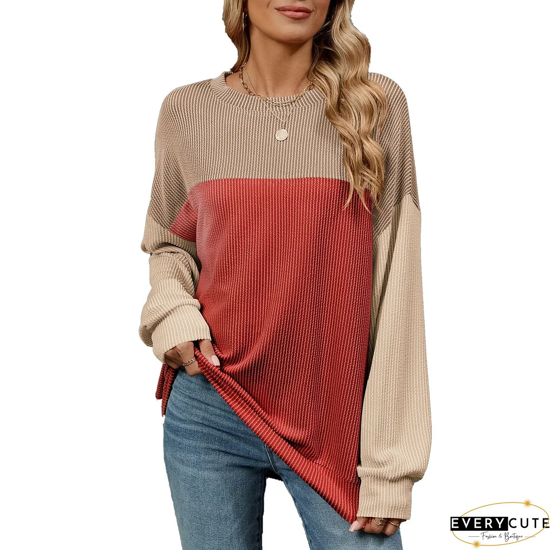 Women's Round Neck Contrast Color Mid-length T-shirt Blouses