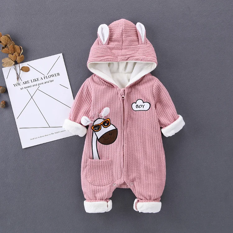 Baby Boy/Girl Giraffe Patch Long Sleeve Hooded Romper