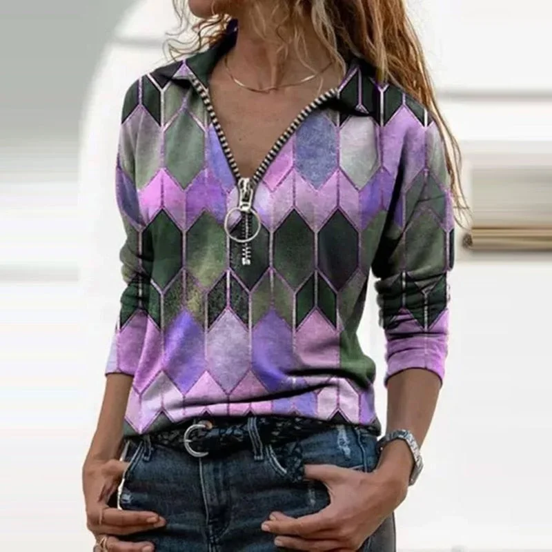 New Slim Fashion Women Autumn Geometric Print V Neck T-shirts Casual Long Sleeves Zipper Pullover Elegant Streetwear Female Tops