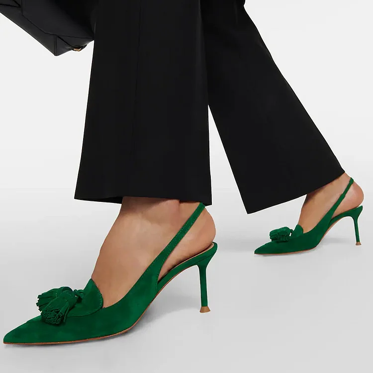 Green Vegan Suede Stiletto Heels Pointed Toe Fringe Slingback Pumps |FSJ Shoes