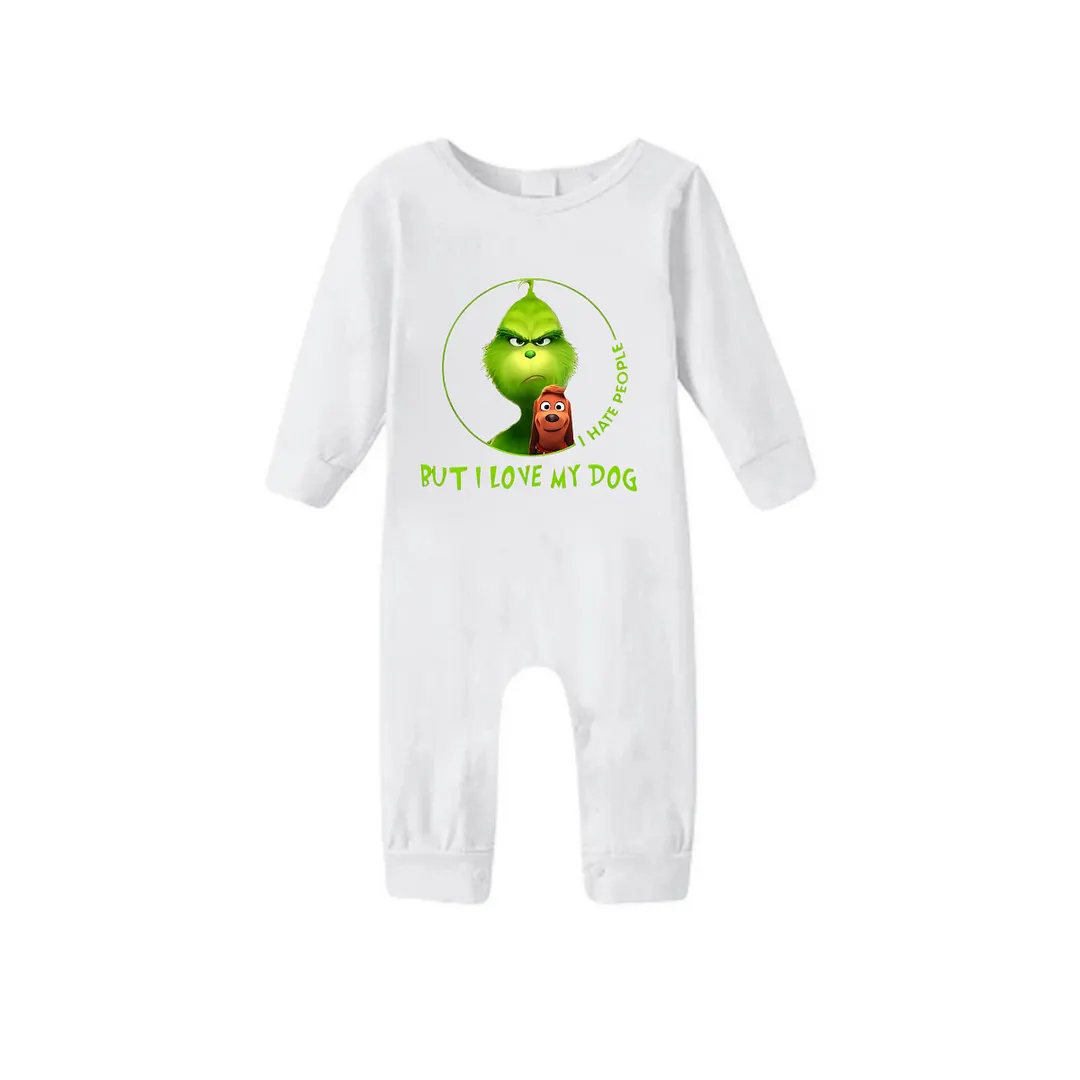 Cartoon Pattern and "I hate people but I love my dog" Text Printed Red & Green Plaid Family Matching Pajamas