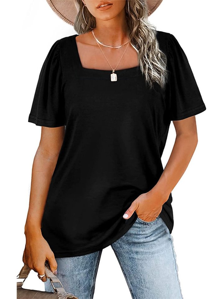 Pleated Striped Square Neck Short-sleeved T-shirt Tops for Women -vasmok