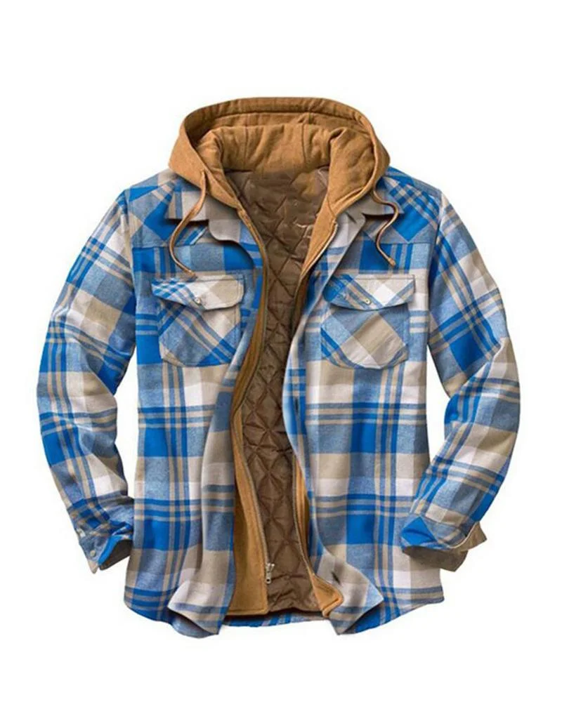 Men's Casual Blue Plaid Hooded Jacket Shirt