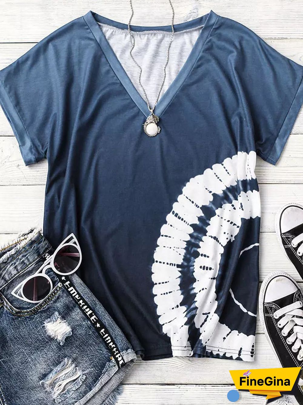 Vintage Geometric Printed Short Sleeve V Neck Plus Size Casual Tops