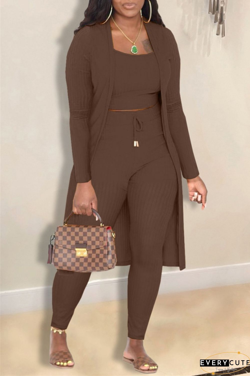 Casual Solid Cardigan Vests Pants Long Sleeve Three Piece Set