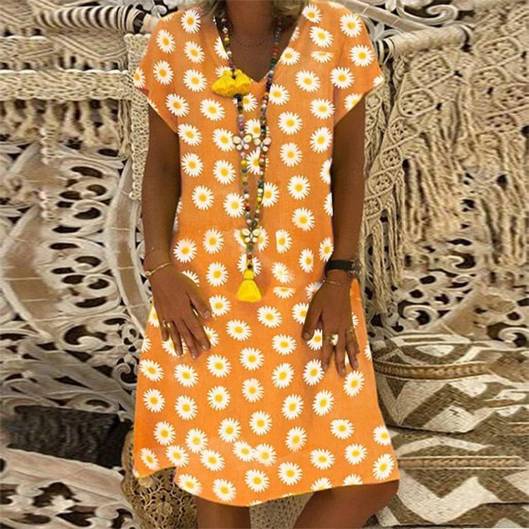 2020 Summer Floral Summer Loose Dress Women V-neck Short Sleeve Plus Size Elegant Midi Dresses Beach Casual Boho Yellow Dress