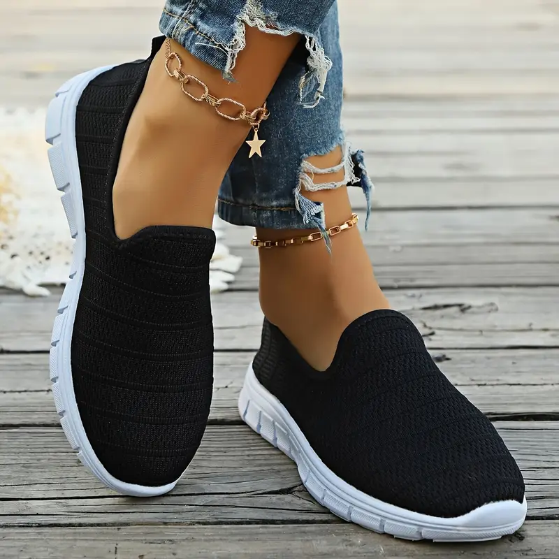 Dams andningsbara stickade slip-on sneakers - avslappnade rund tå i mesh med gummisula, för vardags- och sportkläder, fritidskläder|andningsbar meshdesign|gummidetaljer 4