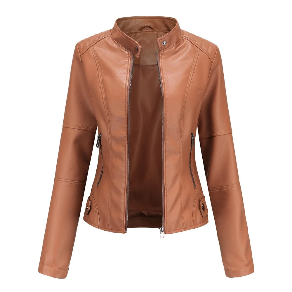 Slim-fit Stand-collar Leather Jacket Woman Biker Jacket