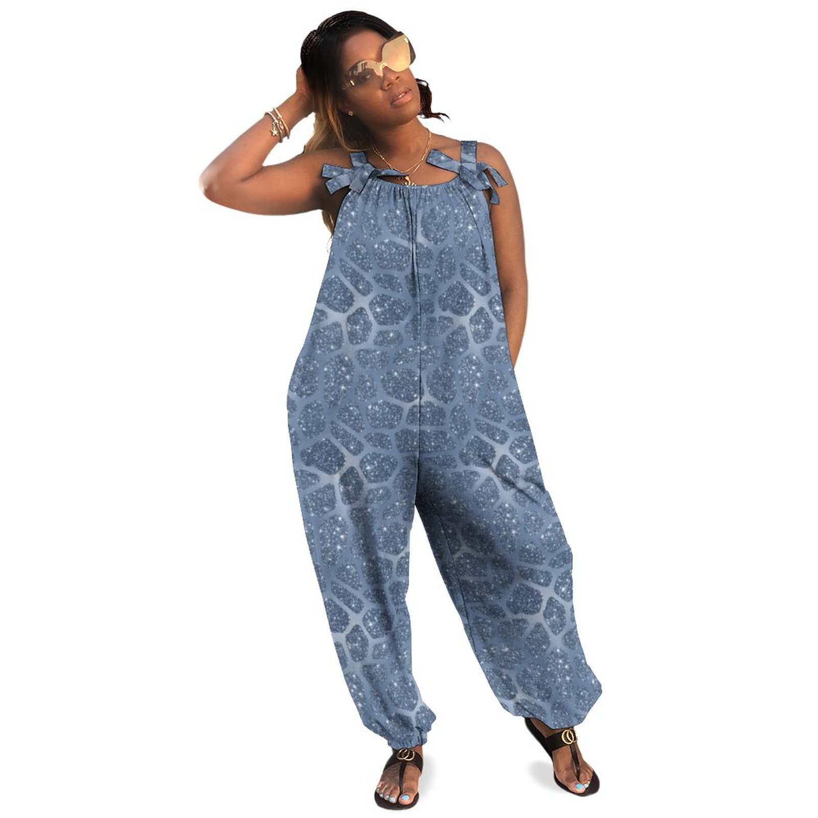 Dusty Blue Glitter Giraffe Print Plus Size Women Rompers Summer Casual Loose Dressy Playsuits Long Romper Boho Pockets