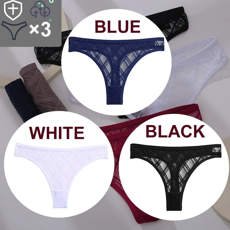 FINETOO 3PCS/Set Sexy Floral Transparent Women Thongs G-string Lingerie Lace Panties Low-Waist Femme Girls Briefs Mesh Pantys