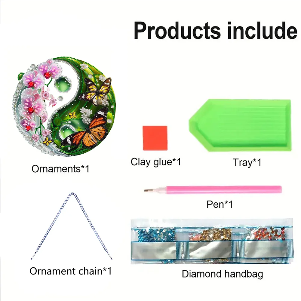 Butterfly Flower Yin Yang 2D Flat DIY Diamond Painting Set Diamond Art Pendant