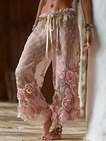 Women's Spring Floral Roses Embroidered Art Print Flowy Linen Blend Casual Pants