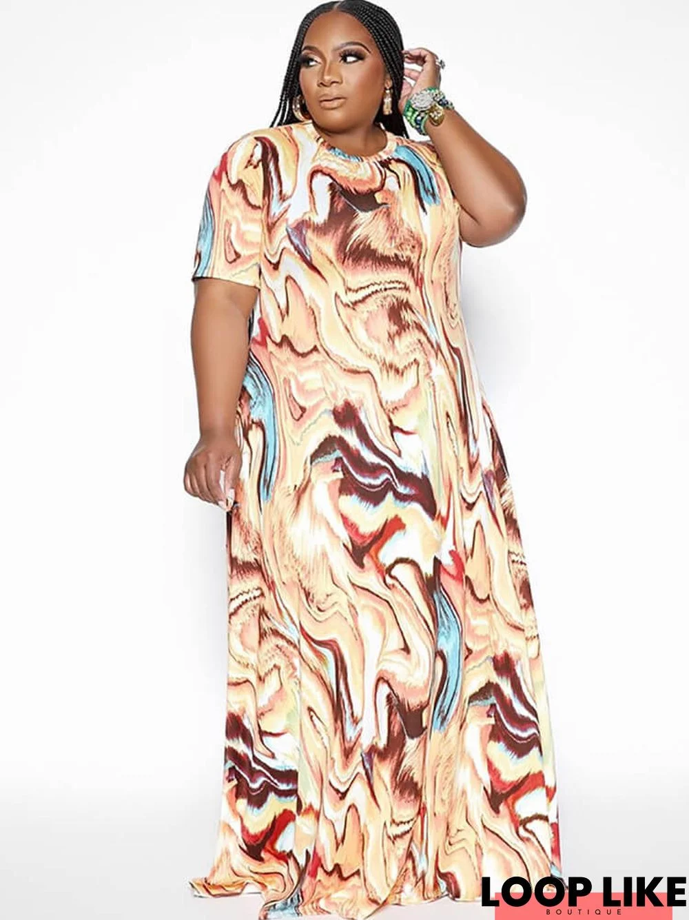 Short Sleeve Tie Dye Print Maxi Dresses