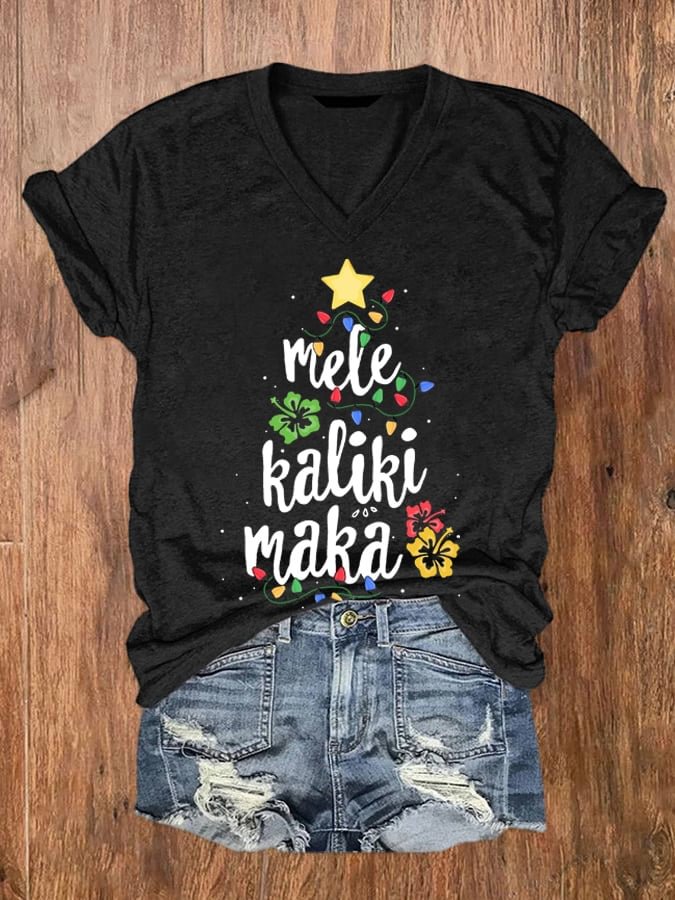 🔥Buy 2 Get 5% Off🔥Women's Mele Kalikimaka Bing Crosby Hawaii Print V-Neck Short Sleeve T-Shirt