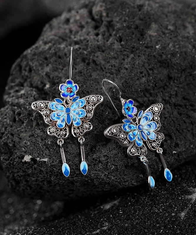 Chinese Style Blue Sterling Silver Cloisonne Butterfly Plum Blossom Tassel Drop Earrings