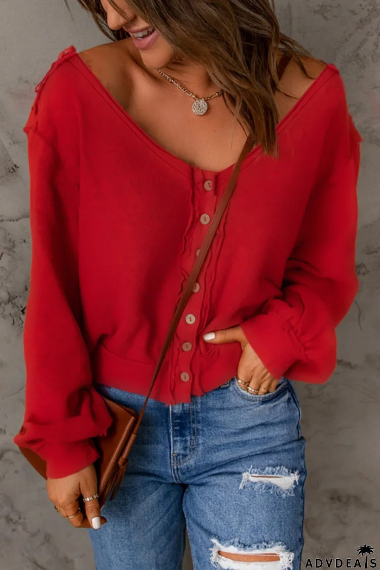 Red Button Front Distressed Knit Top