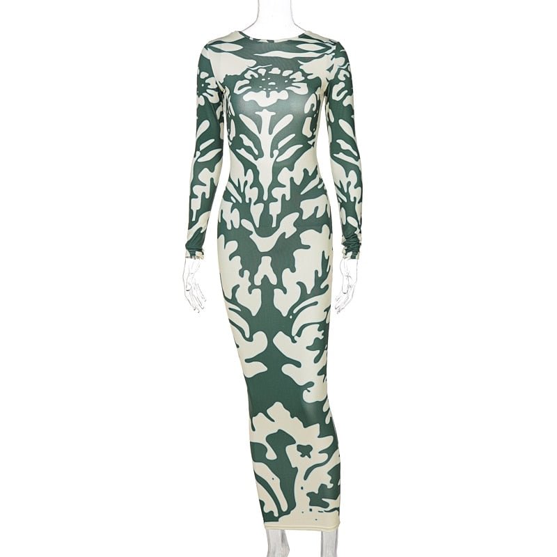 Dulzura Tie Dye Print Women Long Sleeve Midi Dress Hollow Out Bodycon Skinny Sexy Streetwear Party Elegant 2021 Summer Slim