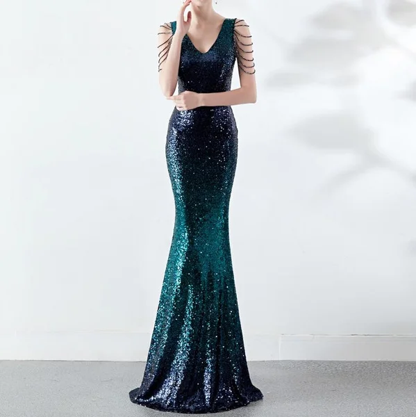 6 Colors Sexy Sequined Evening Party Gowns Women's Deep V Neck Floor-length Cocktail Dress Slim Mermaid Prom Dresses