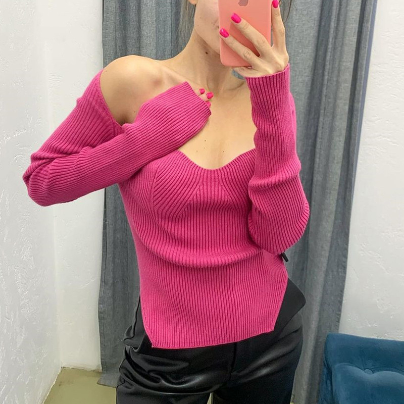 Ootddress Long Sleeve Sweater 2025 Autumn Women Knit Ribbed Top Ladies Casual Knitted Tops Pullover Off-Shoulder Knitwear Black