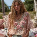 Women's Rose Embroidered Linen Blend T-shirt - Image 2