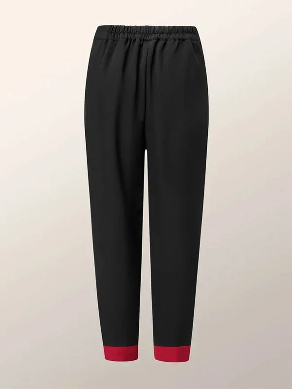 Long Sleeves Loose Buttoned Elasticity Flower Print Hollow Pleated Round-neck Pants Set Two Pieces Set