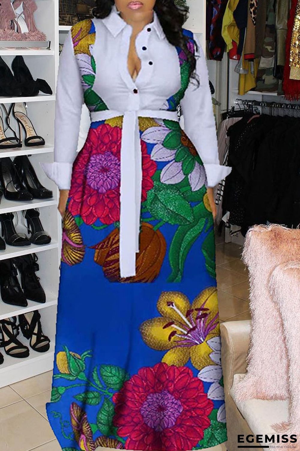 White Fashion Sexy Print Patchwork Turndown Collar A Line Dresses | EGEMISS