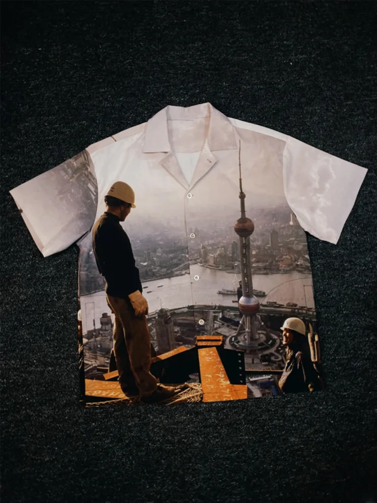 Vintage Chinese Construction Worker Pattern Summer Shirt