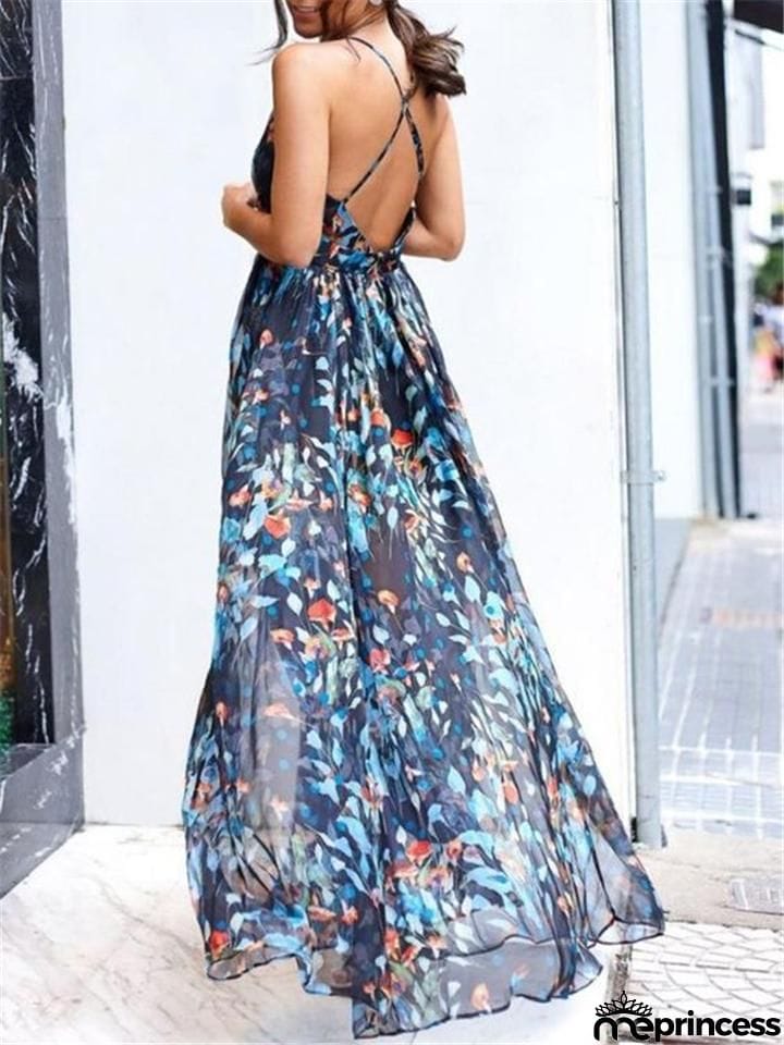Flowing Floral Printed Fitted Waist Backless A Line Dress for Prom