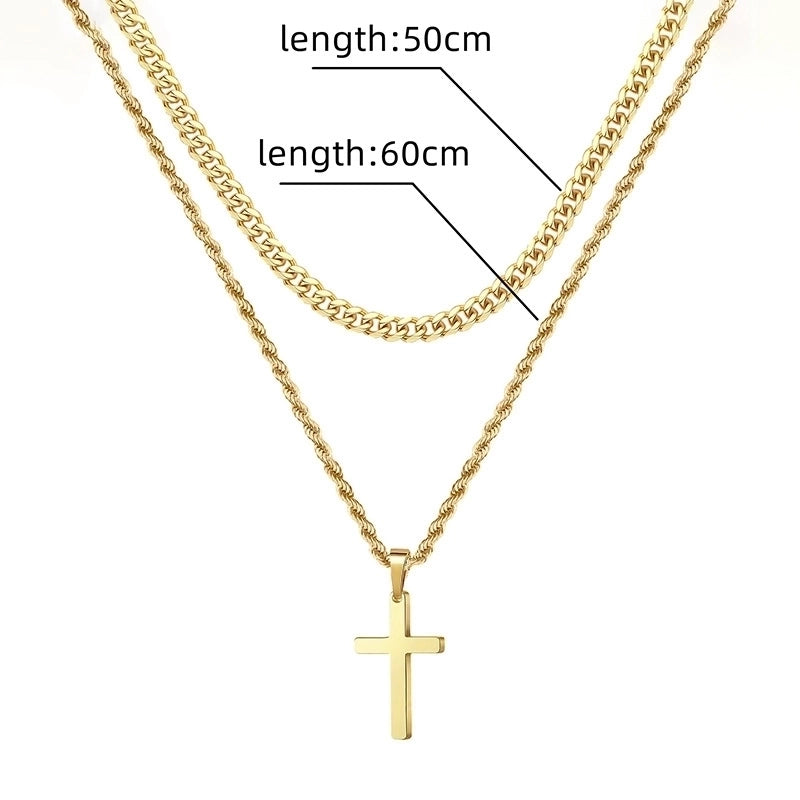Hip-Hop Cross 304 Stainless Steel Plating 18K Gold Plated Men’s Double Layer Necklaces Pendant Necklace
