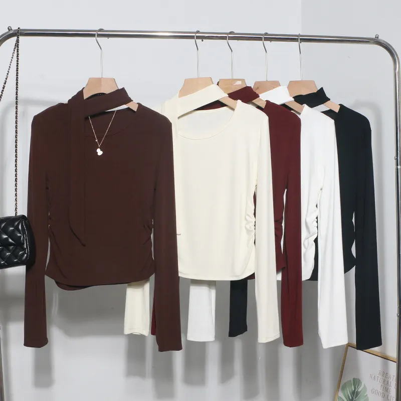 Churchf Ribbon Scarf Hanging Neck Long-Sleeved T-Shirt Girl 2024 Autumn Slim Thin Folded Bottom Shirt 1630