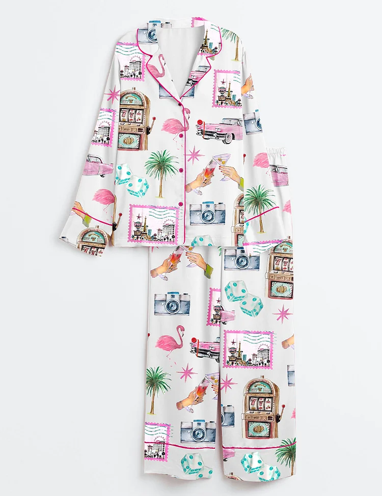 Women&rsquo;s Las Vegas Bachelorette Cocktail Club Girls Trip Country Club Long Sleeve Satin Pajama Set