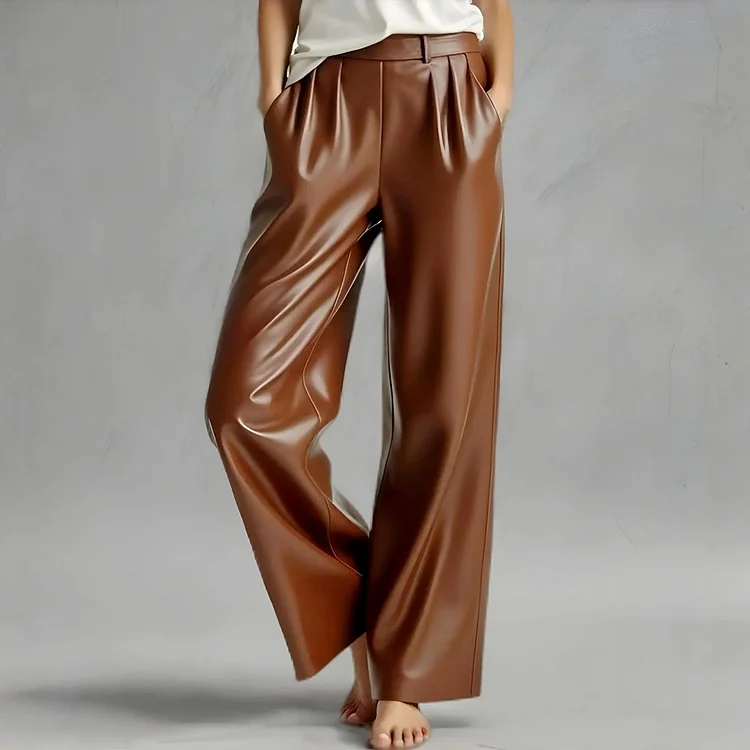 Casual PU Leather Solid Slant Pocket Straight Leg Pants