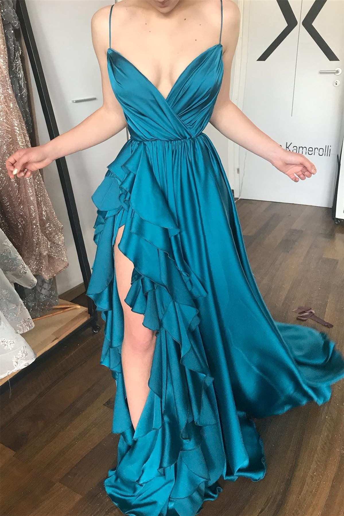 Lisliy Sleeveless Spaghetti Straps Deep V-Neck A-Line Long Prom Dress