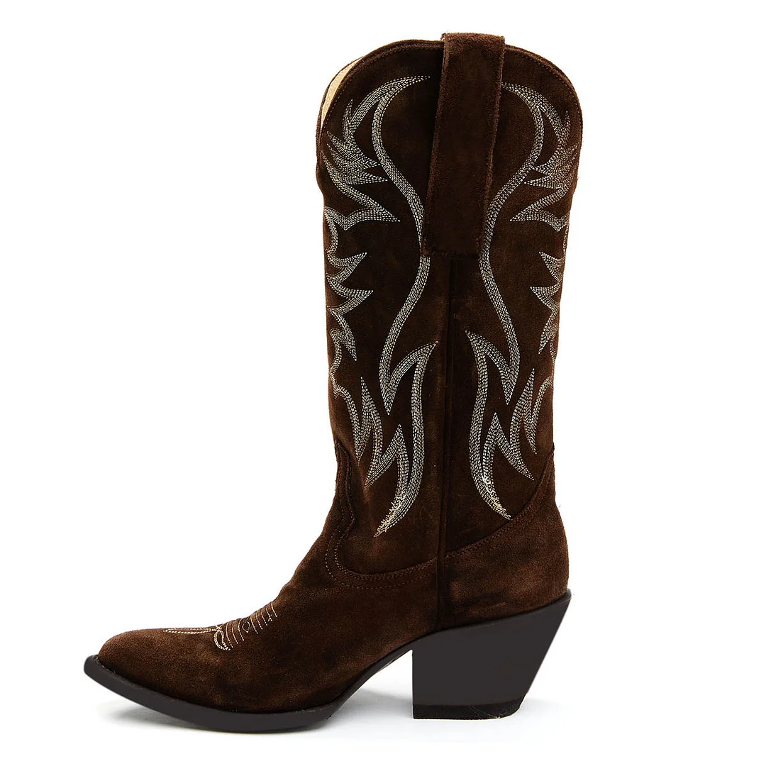 Dark Brown Pointed Toe Embroidered Mid-Calf Cowgirl Boots for Women