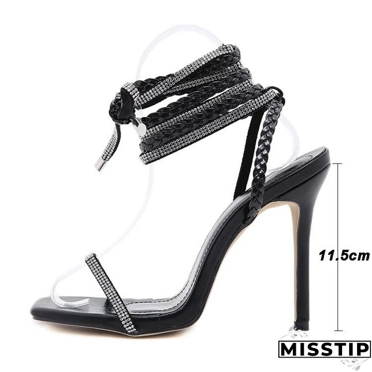 Summer Women's Sandals With Rhinestone Woven Roman Straps Square Toe High Heels Plus Size Fashion Roman Stiletto Sandals