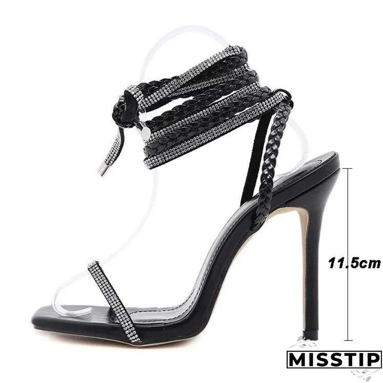 Summer Women's Sandals With Rhinestone Woven Roman Straps Square Toe High Heels Plus Size Fashion Roman Stiletto Sandals